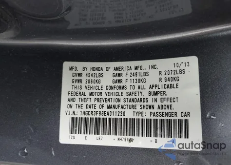 2014 Honda Accord Touring from USA, damaged, VIN 1HGCR3F98EA011230